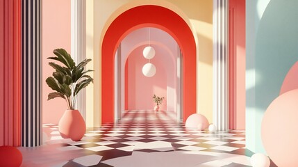 Aufkleber - Pastel archway with checkered floor and plants.