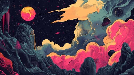 Aufkleber - Surreal rocky landscape with pink sky, moon.