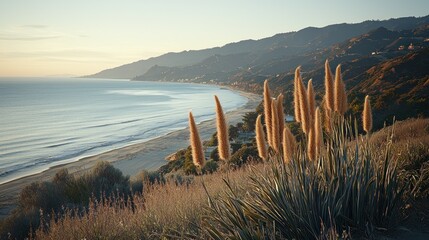 Wall Mural - Beach coast grasses mountains hills at sunset; for travel, nature, scenic.