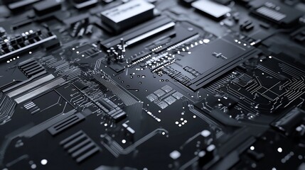 Poster - Complex dark circuit board with small components.