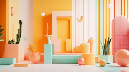 Aufkleber - Pastel geometric room with shapes and plants.