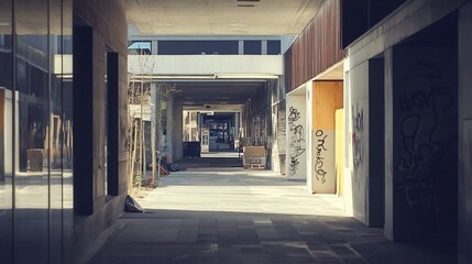 Aufkleber - Empty urban corridor with graffiti.