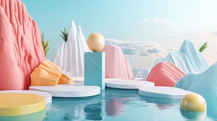 Poster - Abstract, pastel rocks, platforms, and ball.