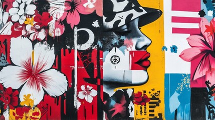 Poster - Woman, flowers, and geometric elements in a modern art style.