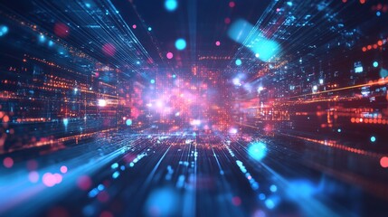 Fototapete - Abstract light, data flow, digital grid.