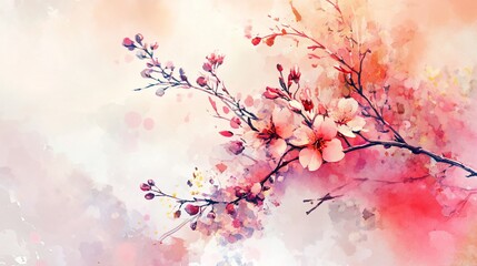 Poster - Pink cherry blossoms branch, watercolor painting.