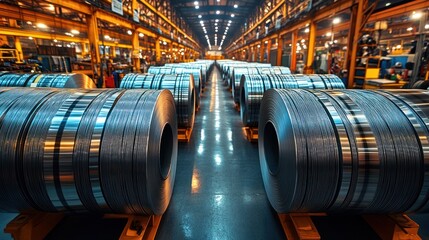 Poster - Industrial warehouse with stacked metal coils