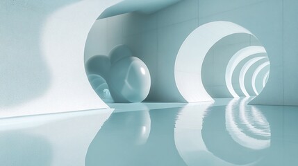 Aufkleber - Arched hallway with spheres, glossy floor, bright light.