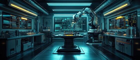 Poster - Futuristic laboratory with robotic arm and advanced tech