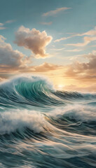 Wall Mural - A dramatic ocean wave crashing under a cloudy sky, capturing the power and beauty of the sea.