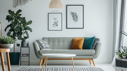 Poster - Cozy living room with sofa and plants.