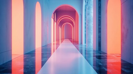 Aufkleber - Neon lit arches in marble hallway with central aisle.