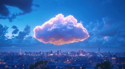 Wall Mural - Cloud floats over city at night, could be used as a background.