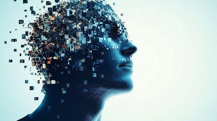 Fototapete - Face disintegrating, data loss, digital profile.