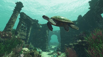 Wall Mural - Lost City of Atlantis: Serene Underwater Scene with Graceful Sea Turtles, Vibrant Coral, and Sunlit Ruins