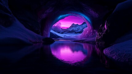 Poster - Pink and purple sunset reflected in icy cave lake.