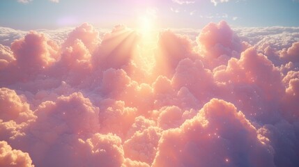 Wall Mural - sun rays shining above pink clouds with bright light and hazy sky.