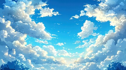 Wall Mural - sunny sky with fluffy clouds over trees, ideal background.