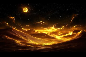 Wall Mural - Beautiful, glowing, and serene landscape with a large yellow moon in the sky