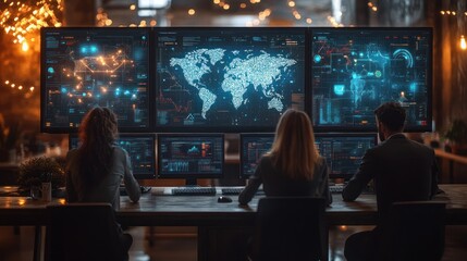 Poster - Team analyzing data on multiple screens in modern setting