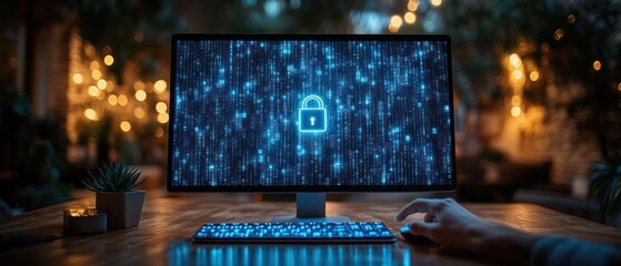 Poster - Computer screen displaying digital lock symbol