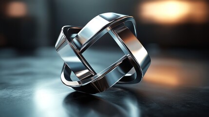 Abstract chrome metallic sculpture on dark reflective surface.