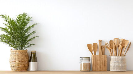 Modern kitchen counter with wooden utensils, glass jars, and plant. minimalist design creates fresh and inviting atmosphere, perfect for cooking and entertaining