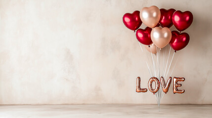 Wall Mural - Balloons in heart shapes and metallic colors create romantic atmosphere for Valentine Day. word LOVE is prominently displayed, enhancing festive mood