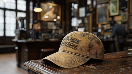 Worn cap on counter in vintage shop, blurred background figures.