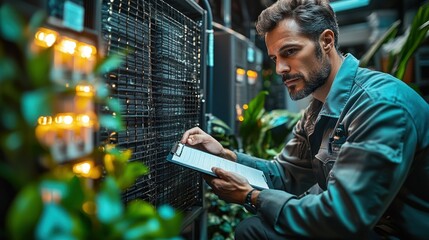 Poster - Technician inspecting server equipment in tech environment