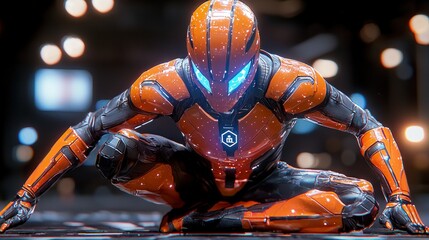 Crouching superhero in futuristic orange suit, city lights backdrop, ready for action.