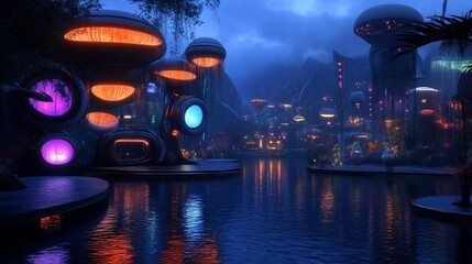 Poster - Futuristic city at night, glowing buildings on water.