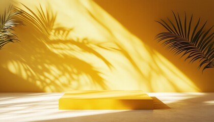 Poster - Bright Yellow Studio Interior Room Featuring Tropical Palm Shadow, Ideal For Summer Product Stage Platform Mockup. Square Empty Space With Plant Shade For Product Placement Rendering.