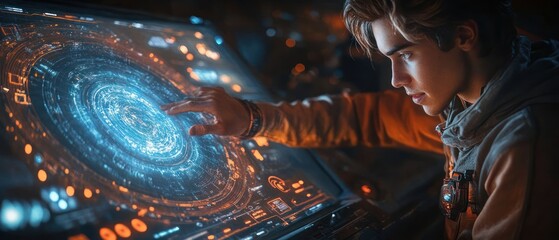 Poster - Young person interacting with futuristic holographic display