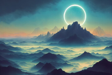 Poster - Misty Mountain Range with Glowing Ring