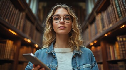 Poster - Young woman in library holding smartphone deep in thought