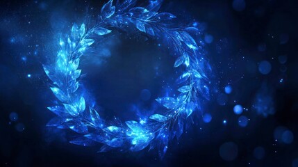 Wall Mural - Glowing blue ice leaves wreath on dark background.