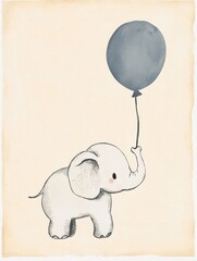 Charming vintage baby elephant with balloon for nursery decor and spring themes