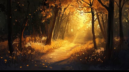 Poster - Golden autumn forest path. Sunlight streams through trees.