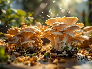 Poster - group of mushrooms growing on the ground, surrounded by small pebbles and greenery. The sunlight is shining through, creating a warm and vibrant atmosphere.