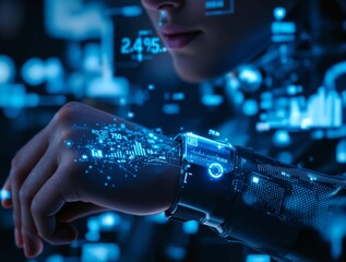 Aufkleber - person is wearing a smartwatch with a digital interface displaying various data points and symbols, including a heart rate monitor and other health-related metrics. The background is a technological s