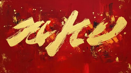 Poster - abstract brush strokes forming chinese new year calligraphy, with golden accents on a deep red backg