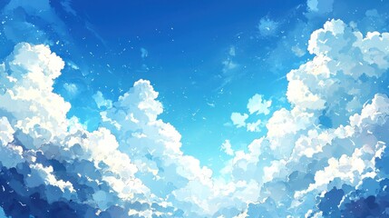 Wall Mural - fluffy white clouds drift across a vibrant blue sky, sunlight peeks through.