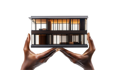 Poster - A model of a modern building held in hands, showcasing architectural design.