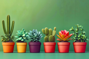 A row of colorful pots with succulents in them on a green background