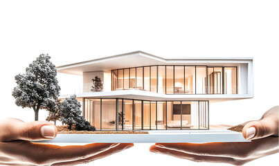 Poster - A model of a modern house held between two hands, symbolizing care and design.