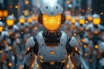 Poster - Futuristic robots with glowing features in cityscape