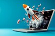 © MheeP - A rocket emerges from a laptop screen against a blue background.
