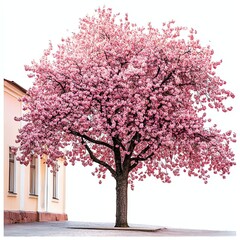 blossoming pink tree with vibrant flowers against a white isolated background.