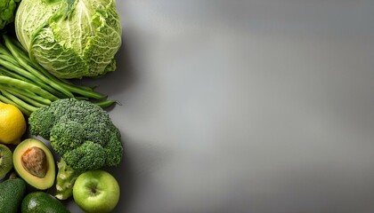 Wall Mural - variety of green vegetables and fruits on the grey background banner size